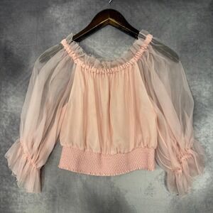 Alice‎ + Olivia Blouse Women Size Small Pink Sheer Puff Sleeve Silk Smocked Top